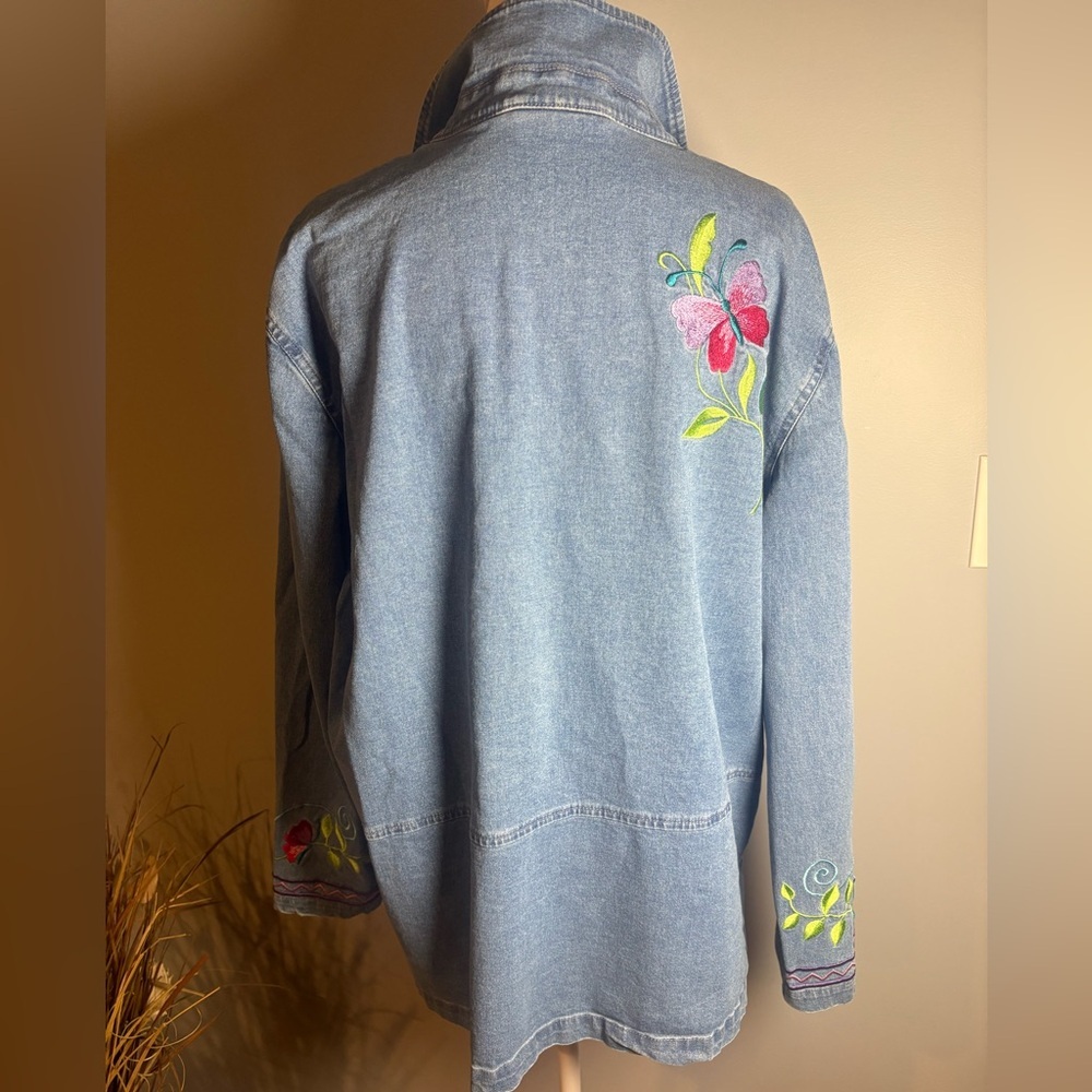 Denim & Co Embroidered Denim Jacket Butterfly Floral Boho L XL - Picture 6 of 12